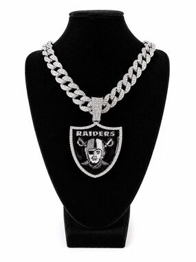 NFL Silver and Black Raiders Paved Cuban Link Pendant Necklace